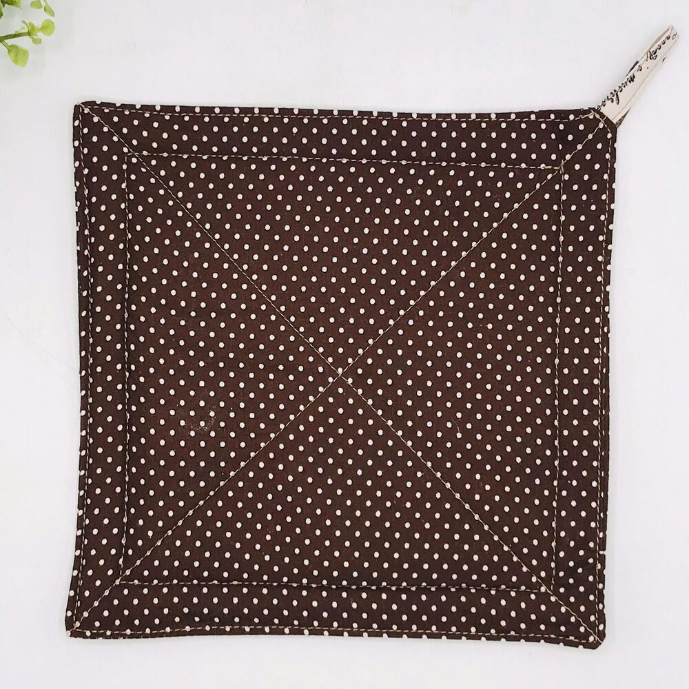 1 Square Potholders, Brown W Dots, Cottage Core Kitchen 7x7 Inches